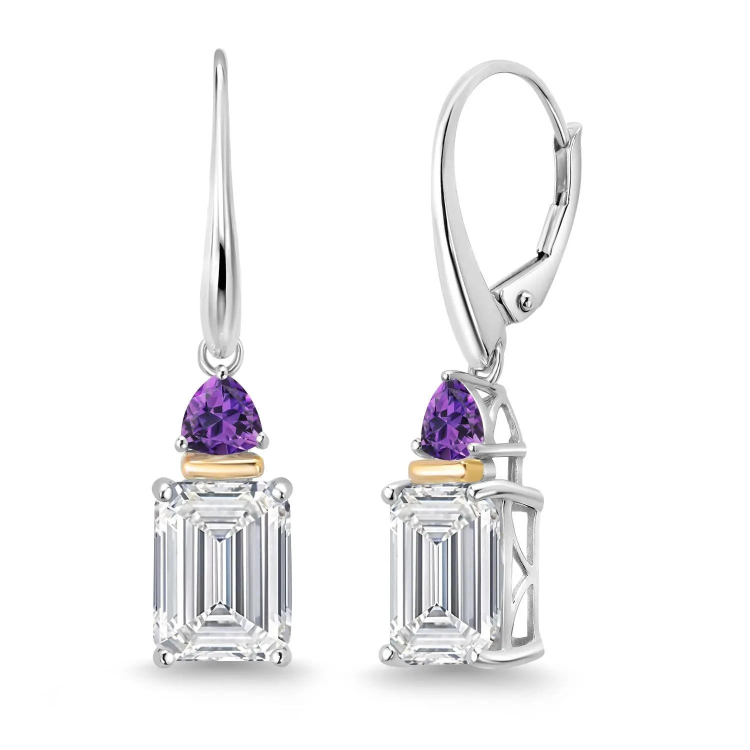 6.54 Cttw 925 Silver and 10K Yellow Gold IGI Certified Lab Grown Diamond and Amethyst Drop Dangle Earrings For Women | Emerald Cut Diamonds Each 3 Ct | E-F Color | VS1-VS2 Clarity