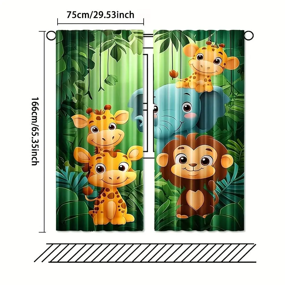 2pcs, Cartoon Safari Park Curtains, Happy Animal in The Jungle Curtains Rod Pocket Window for Bedroom, Living Room, Kitchen, Office, Home Decor 28*40IN/71*101CM
