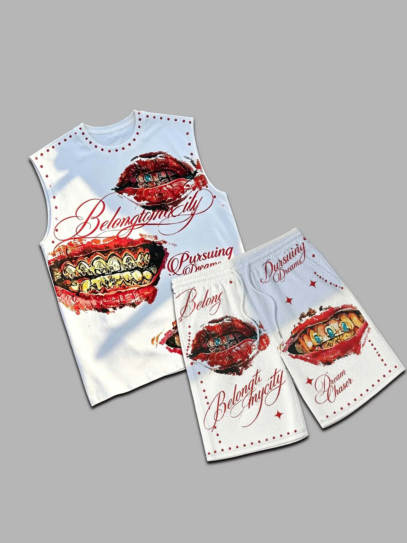Gold Tooth Lip Print Sleeveless Set, Rhinestone Mesh Sports Tank Top and Shorts Two-Piece, Casual Loose-Fitting Suit, Casual Sporty Set