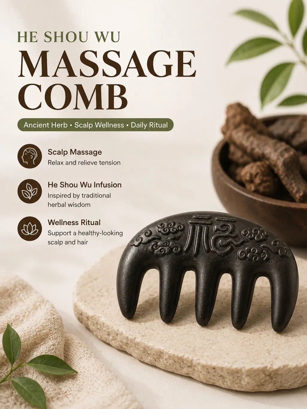 He Shou Wu Scalp Massage Comb – Traditional Chinese Herbal Inspired Head Massager, Rounded Wide-Tooth Scalp Comb for Relaxation, Daily Hair & Scalp Care, Portable Self-Care Tool