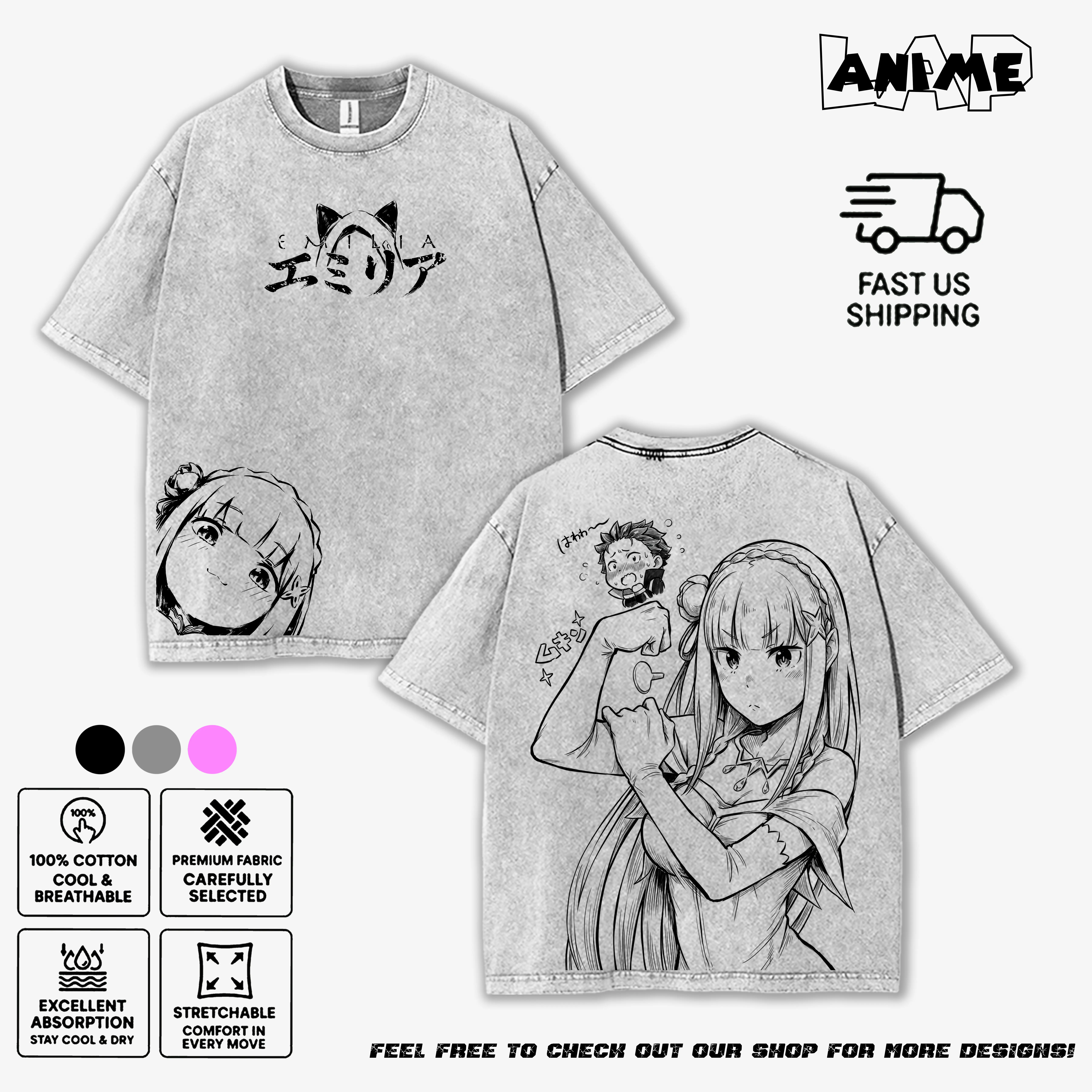 Re:0 Emilia Printed  Cotton Tshirt - Vintage Washed Fabric, Cute Manga Line Art Aesthetic, Loose-Fit Unisex Streetwear Tee