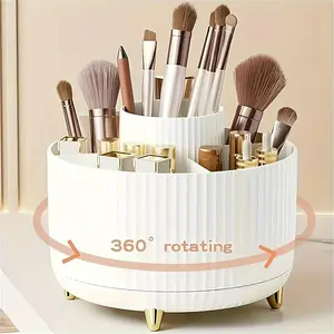 1pc Durable 360° Rotating Makeup Organizer - Multi-Functional Plastic Cosmetic Storage with 5 Compartments for Brushes, Lipsticks, Skin Care Products, and Stationery - Luxury Stripe Design Desk Caddy Cosmetics Organizer Storage