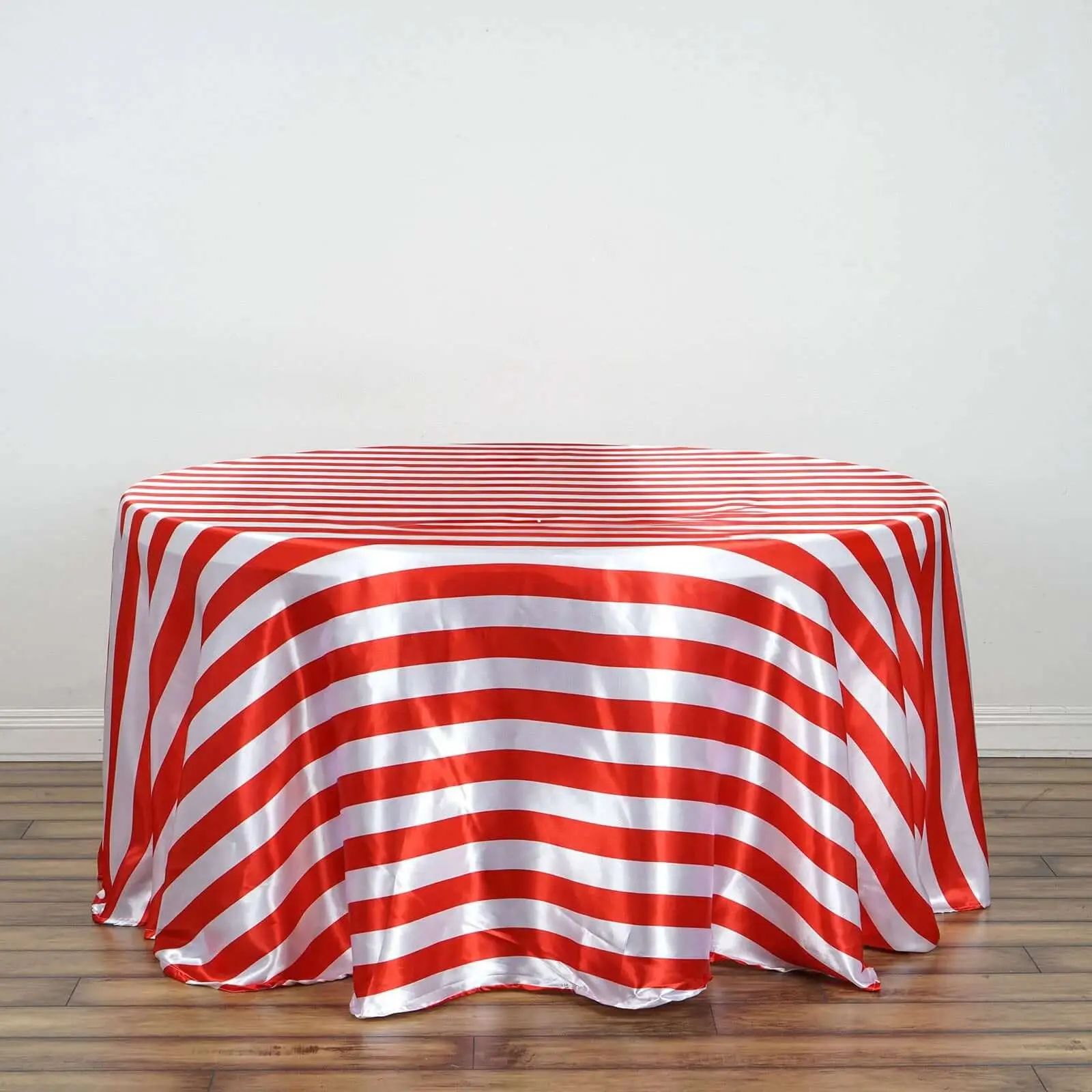 120" Red-White Striped Satin Round Tablecloth - Durable, Wrinkle-Resist, Machine Washable 1-Piece Table Cover for Weddings, Outdoor Tables, Wedding, Wrinkleresist
