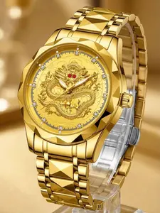 Men's Business Rhinestone Decorated Dragon Totem Watch with Box, Business Fashion Watches, Fashion Watch for Party, Daily Clothing Decor, Minimalist Aesthetic Watch Gift