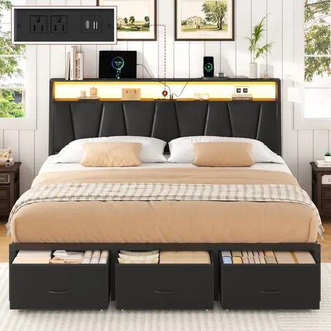 TryLazy LED Storage Bed Frame Full/Queen/King, Upholstered Headboard with 2-Tier Shelves & Charging Station, Metal Platform Bed with 2/3 Storage Drawers, Heavy Duty Slats, Squeak Free, No Box Spring Needed