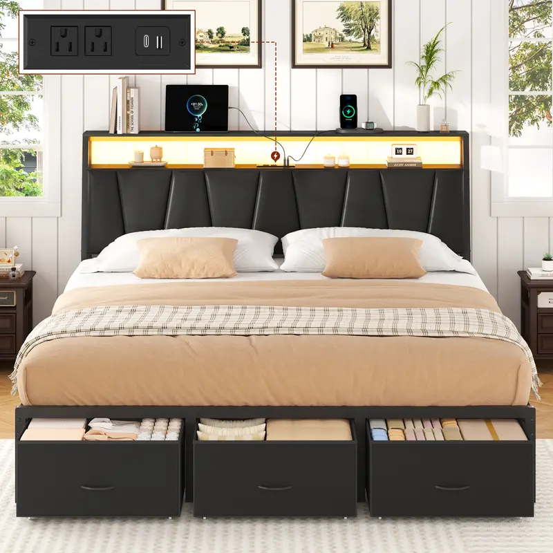 TryLazy LED Storage Bed Frame Full/Queen/King, Upholstered Headboard with 2-Tier Shelves & Charging Station, Metal Platform Bed with 2/3 Storage Drawers, Heavy Duty Slats, Squeak Free, No Box Spring Needed