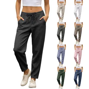Tanming Women's Linen Pants Casual High Waisted Drawstring Beach Trousers Elastic Waist Tapered Bottoms Basic Style Comfortable Lightweight Cotton Linen Blend