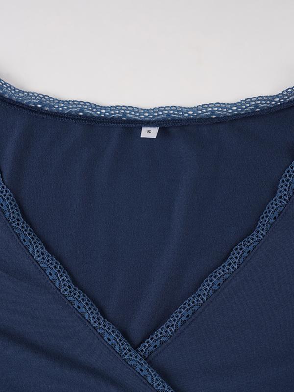 Basic Lace Cross Chest A-Line Knit Tee Blouse, Fall & Winter Fashion, Fitted Plain Design, Versatile Autumn Winter Top Basic Lace Cross Chest A-Line Knit Tee Blouse, Fall & Winter Fashion, Fitted Plain Design, Versatile Autumn Winter Top