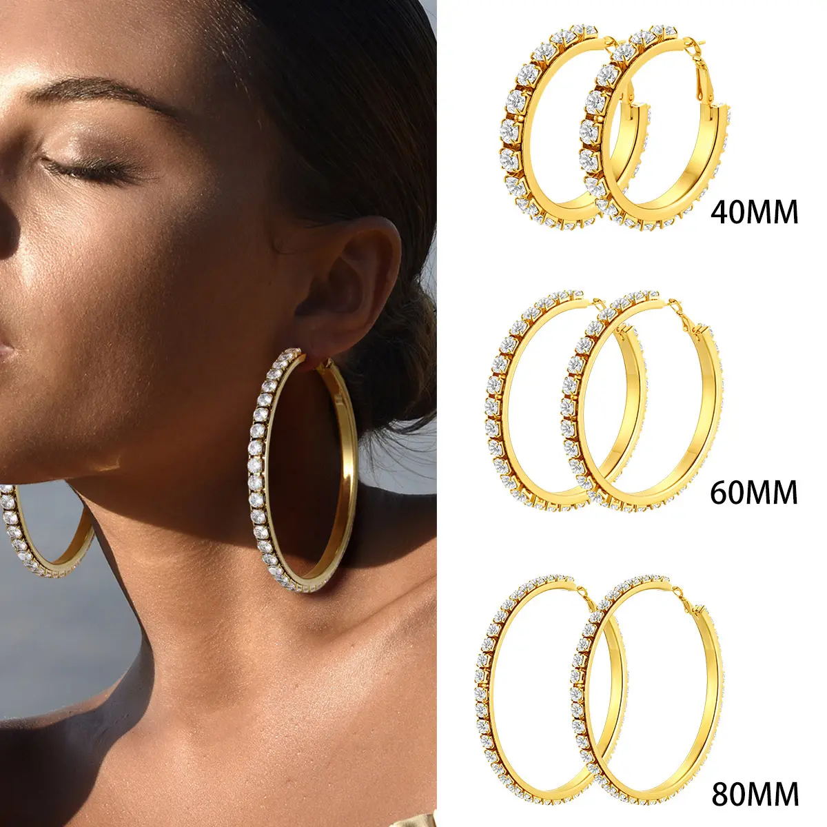 FindChic 5.0mm Claw-Set White Zirconia Chunky Statement Earrings, Rhinestone Sparkly Hoop Earrings, Stainless Steel Hypoallergenic Trendy Jewelry for Women, Rhinestone Hoop Earrings