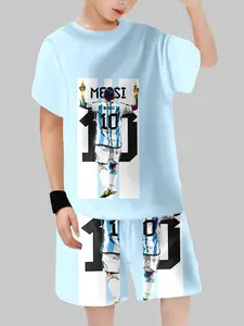 Boys Messi Argentina 10 Light Blue Fan Sports Set, National Team Soccer Jerseys Print Short Sleeve + Shorts Two-Piece, Casual Kids Fashion