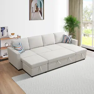 Off-White Sackcloth 6-Piece Living Room Sofa Bed, Natural breathable sackcloth fabric, versatile 2-in-1 sofa bed design, minimalist off-white tone, multi-piece combination furniture for small living spaces