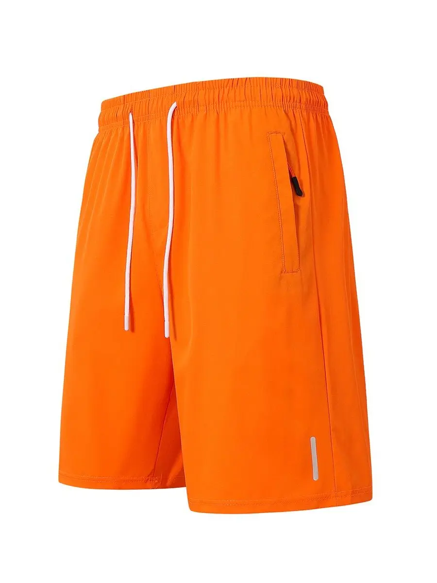 Men’s Polyester Above-Knee Adjustable Drawstring Loose-Fitting Active Running Shorts - Elastic Waist, Stretch, Plain, Wrinkle-Resistant, Breathable, Quick-Dry, Bright White Drawstring, Anti-Theft Zipper Side Pockets, Minimalist Vertical Reflective Marking