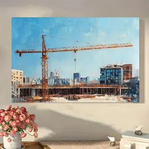 1 Piece, Wooden Frame Canvas Painting, Construction Site, with Crane and Building Materials Display, Framed Wall Art Print, Home Decoration, Perfect Holiday Gift for Him or Her, Ready to Hang YLB7448