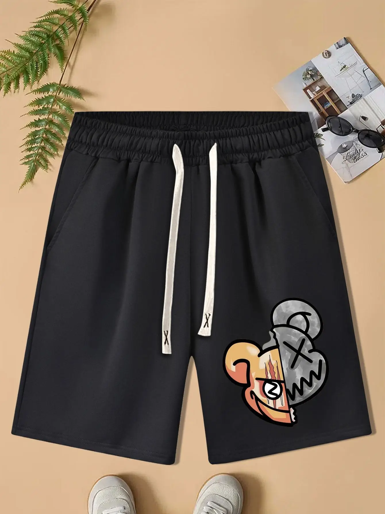 Men's Cartoon Bear Print Drawstring Waist Shorts, Regular Fit Casual Pocket Straight Leg Shorts, Shorts for Men, Men's Summer Streetwear for Daily Wea