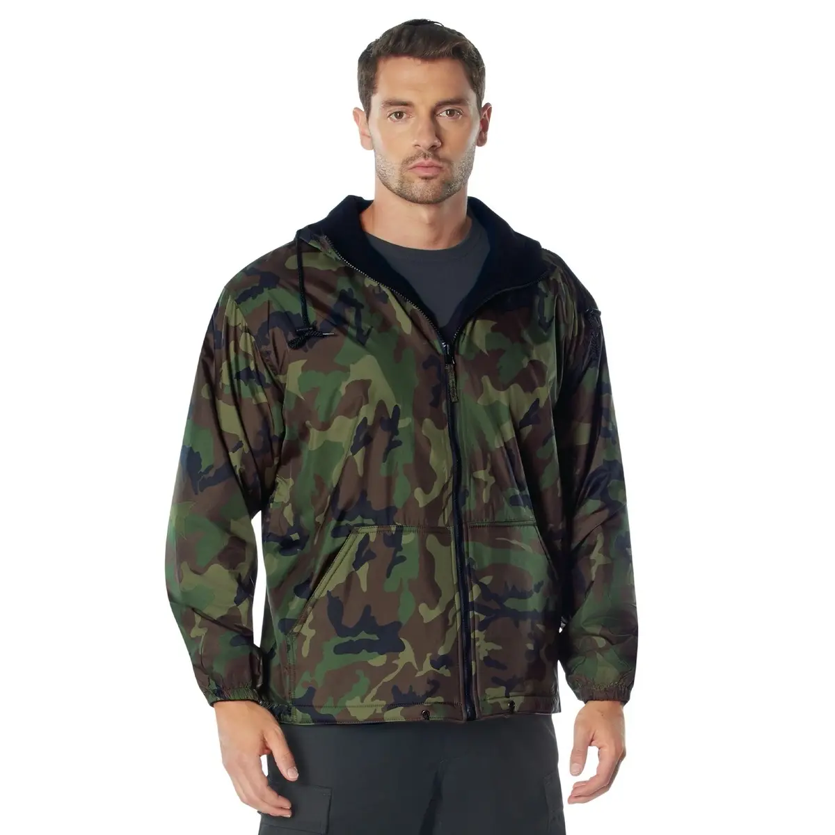 ROTHCO Men's Reversible Fleece-Lined Hoodie Jacket - Menswear Tops, Waterproof Nylon Outdoor Utility Shell, Plain-to-Camo Design, Elastic Accents, Zipper Closures, Functional Pockets, Long Sleeve, Polyester, Adult, Zip Up Hoodie, Customized, Athletic, Lon