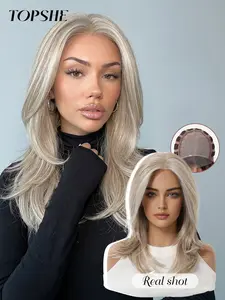 Topshe Mono Wig Synthetic Wigs 6.5*5.5 High Definition Lace Front, 16 Inches Straight Layered Hair, Medium Length with Bangs, Suitable for All Seasons