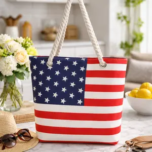 USA Flag Print Tote Bag with Rope Handles – Durable Canvas, Spacious, Stylish, Ideal for Shopping, Beach, and Travel