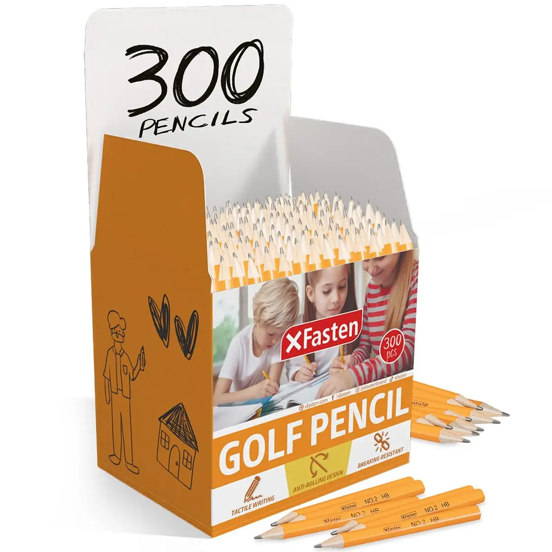 XFasten Golf Pencil without Erasers Bulk 300-Pack #2 HB Golf Pencils Bulk Presharpened Mini Pencils Bulk, Hexagonal Small Pencils for Kids, Short Pencils, Half Pencils for Kids Games School