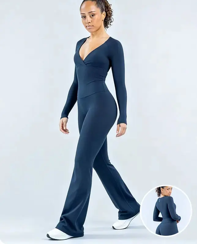 DFYNE Women's Seamless 2 Piece Flare Leggings Set - V-Neck Long Sleeve Crop Top with Low Rise Bootcut Yoga Pants| Soft Stretch Activewear Outfit for Gym