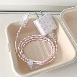 5-Piece Transparent Bow Charging Head Set, Data Line Protector Covers, Storage Rope, Cable Organizer for iPhone 15/16 Series