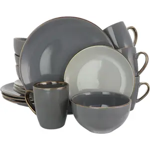 Round Stoneware Grand Collection Dinnerware Dish Set, 16 Piece, Assorted Solid Gray