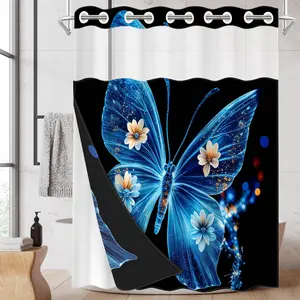 1pc hookless shower curtain, Shower Curtain Liner, with buckle lining, spring blue butterfly flower floral design, 2D flat printing, fabric waterproof lining, see-through double, 71x74 inches, modern home draping curtain, Bathroom Decoration Accessories