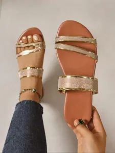 Women's Fashionable Plain Color PU Leather Slides, Elegant Glittering Slides for Summer, Lightweight Breathable Comfortable Slippers for Beach Vacation, Walking Shoes