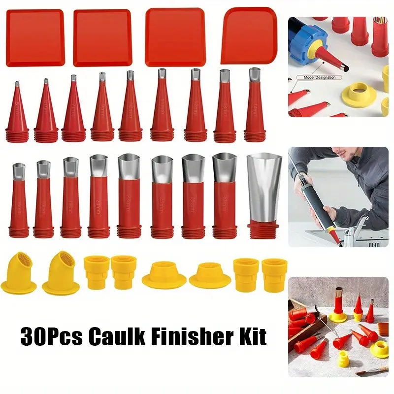 30Pcs Caulking Finisher Kit,16Pcs Caulking Nozzle Tips Reusable Caulking Nozzle Coating Caulking Tool Kit with 8 Connector Caulking Guns and 4 Grout Scraper for Bathroom Doors Windows
