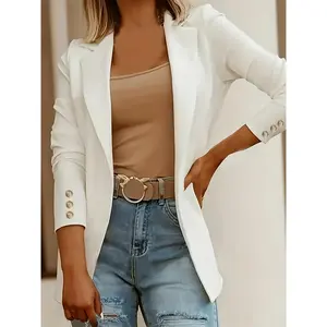 Solid Open Front Lapel Blazer, Elegant Button Decor Long Sleeve Blazer For Office & Work, Women's Clothing