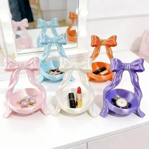 Bow Vanity Organizer Tray Cute Coquette Jewelry Holder for Dresser Makeup Countertop Storage Dish for Rings Lipsticks and Small Accessories