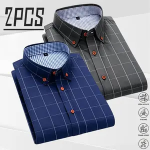 Two-pack men’s plaid shirts with contrasting colors, British business-casual style. Wrinkle-resistant, breathable, skin-friendly fabric. Orange contrast buttons paired with plaid details within the collar. Drapes well, slimming without being figure-depend