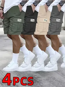 Men’s 4-Pack Shorts — Casual Loose Fit, Large Pockets, Workwear Style, Summer Trendy Straight-Leg Bermuda/Knee-Length, Couples Matching Basketball Shorts