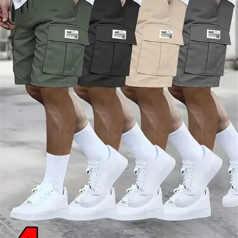 Men's 4-Pack Classic Cargo Shorts - Drawstring, Loose-Fitting, Knee-Length, Large Pockets, Workwear Style, Summer Trendy Straight-Leg, Casual Athletic Menswear
