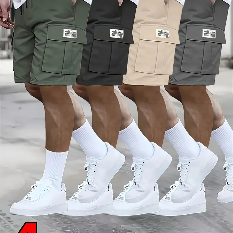 Men's 4-Pack Classic Cargo Shorts - Drawstring, Loose-Fitting, Knee-Length, Large Pockets, Workwear Style, Summer Trendy Straight-Leg, Casual Athletic Menswear