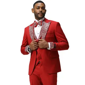 Men's One Button Rhinestone Peak Lapel Vested Prom Tuxedo in Red