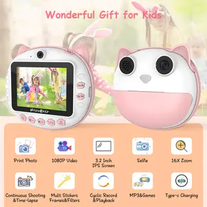 HelloBaby Instant Print Camera for Kids - 3.2" IPS Screen, 1080P HD Video, Travel-Friendly Camera Toy for Toddlers (Ages 3-12), Includes 16GB SD Card, Perfect for Parties & DIY Creativity