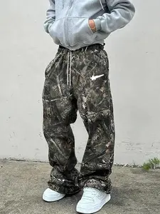 Men's Casual Camo Pants with Meteor Print, Loose-Fit Drawstring Wide Leg Joggers, All-Season Comfortable Men's Clothing