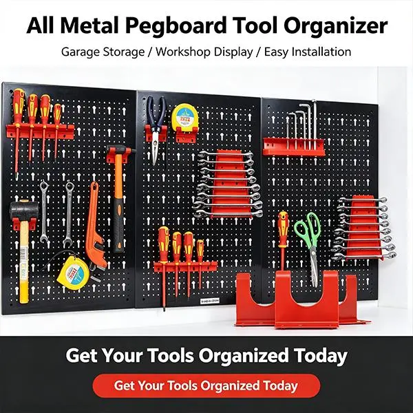 Heavy Duty Cold-Rolled Steel Pegboard Wall Tool Organizer - 132 lbs Load Wall-Mount Storage System with Wrench, Drill Holders, Pre-Drilled Mounting Holes for Garage, Workshop Space Maximization