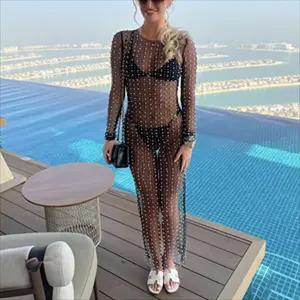 Women's Bikini Cover Up Long Sleeve Dress with Pearl Embellishments, Sheer Body Fit Costume Swimsuit Cover Up Version Clothing Casual Holiday dress S-3XL plus size dress Fashionable long dress for beach sun protection vacation