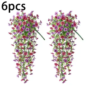 6pcs Artificial Hanging Flowers for Outdoors,Fake Hanging Plant Spring Summer Decor, Artificial Hanging Plants, Artificial Flower Arrangements, UV Resistant No Fade Faux Silk Daisy Flower for Planter Front Door Porch Patio Yard Garden(Double Purple)