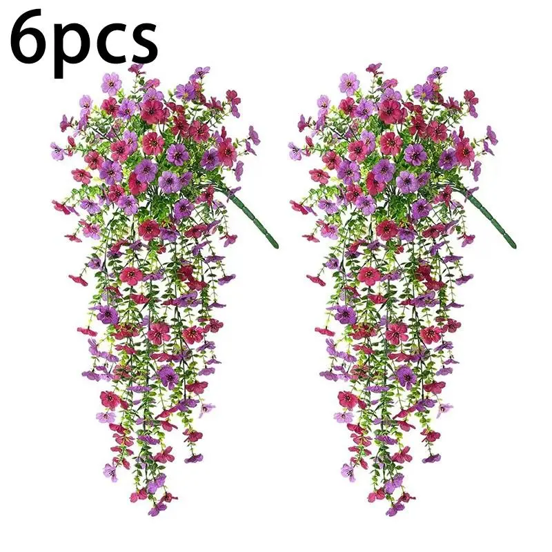 6pcs Artificial Hanging Flowers for Outdoors,Fake Hanging Plant Spring Summer Decor, Artificial Flower Decorations, Artificial Flower Arrangements, UV Resistant No Fade Faux Silk Daisy Flower for Planter Front Door Porch Patio Yard Garden(Double Purple)