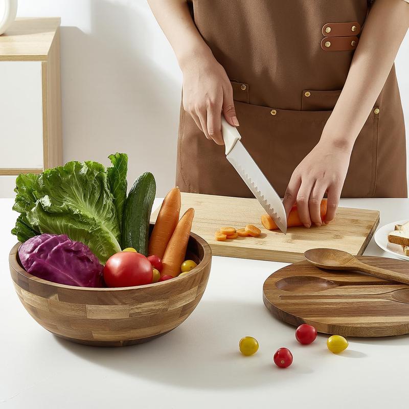 Acacia Wood Salad Bowl Set with Lid, 10.5" Large Serving Bowl, 4-Piece Set with Reversible Lid, Built-in Wooden Fork & Spoon fruit bowl Tableware