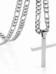 Stainless Steel Cross Pendant Cuban Chain Necklace, Minimalist Unisex Hip Hop Accessory, Everyday Versatile Lockbone Chain