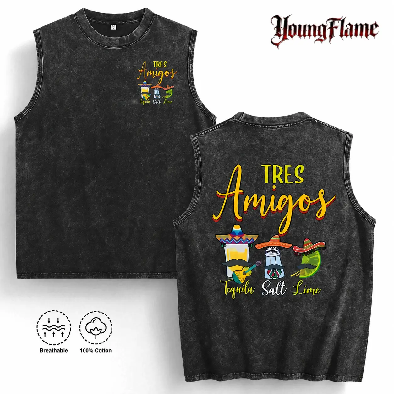 Vintage Acid Wash Tres Amigos Tequila Graphic Tee A Comfortable Summer Gift Funny Drinking Streetwear Y2K Clothing Men Sleeveless Tank Top cotton t-shirt