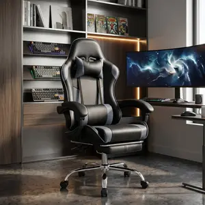 Ergonomic Video Game Chair with Footrest, PU Leather Recliner with Headrest & Lumbar Support, Fixed Armrest, Height Adjustable & 360° Swivel, Comfortable Computer Chair for Gaming, Home Office Use