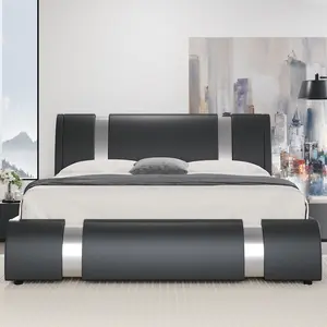 HOOMIC Modern Faux Leather Bed Frame, with Iron Decor, Low-Key Platform Bed, Height Adjustable Headboard, Solid Wood Slats Support, No Box Spring Needed