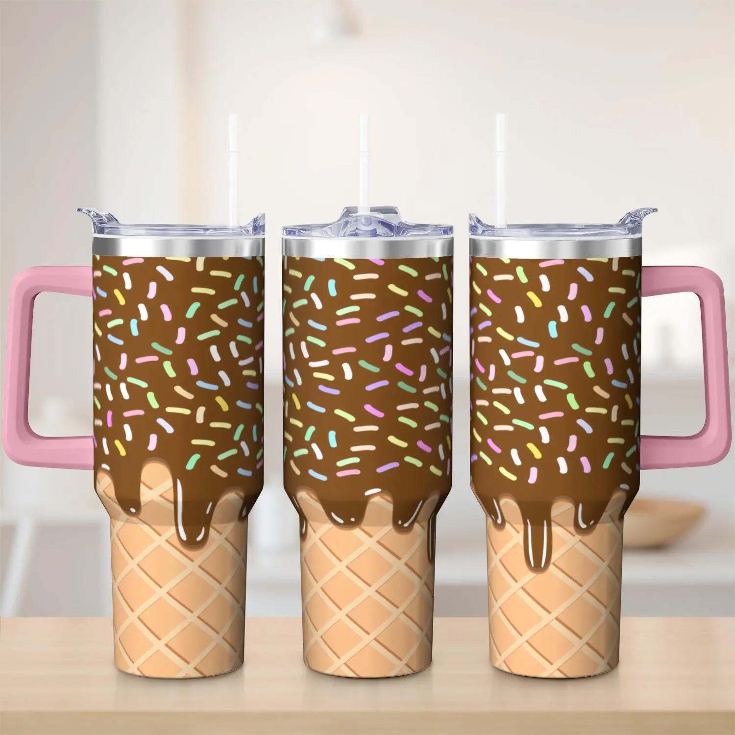 LHIEIAYH 40oz (1,000-2,000 ml) Classic Ice Cream Cone Shape Insulated Travel Mug - Vacuum Flask with Chocolate Sprinkles, Dripping Design, Leak-Proof Seal, Bonus Straw Set, Keeps Drinks Hot/Cold 7-12 Hours for Commuting
