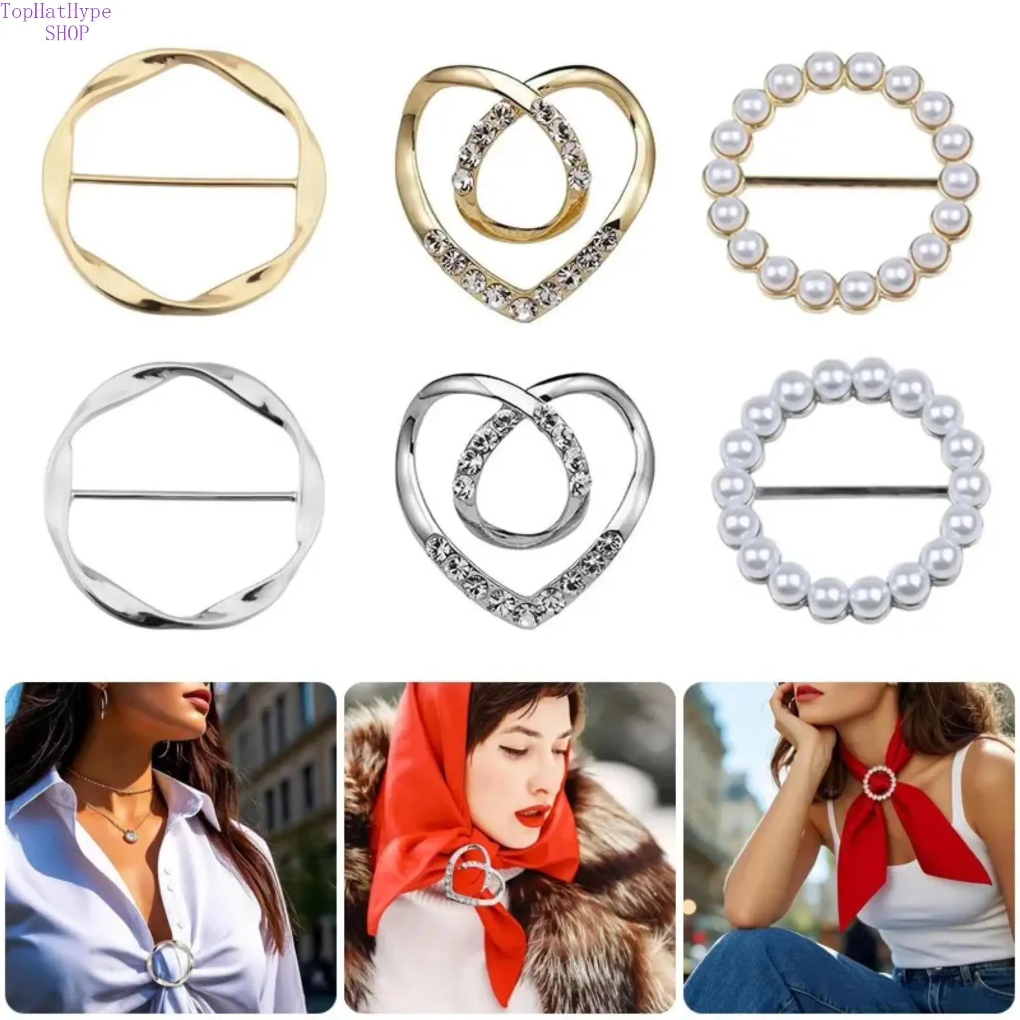 Women's Metal Scarf Ring Set - Round Styling Buckle Clips, Gold Aesthetic Brooch-Type Heart Motif Unisex Tie Clasps for T-Shirts, Dresses, Brooch Clip, Clip-On