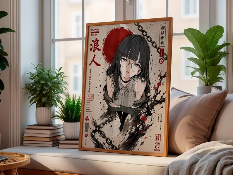 Anime Girl Glasses Poster, Japanese Aesthetic Wall Art, Sakura Bushido Manga Print, Modern Anime Room Decor, Japanese Style Wall Decor [UNFRAMED]