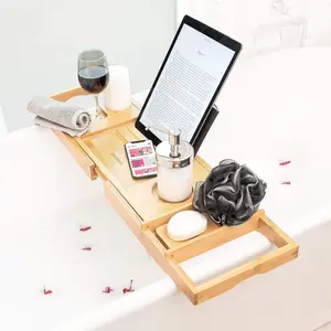 Bamboo Bath Tray for Tub, Expandable Bathtub Caddy with Book Holder, Wine Glass Slot & Phone Stand – Foldable Spa Tray Table for Women Self-Care, Home Spa Accessories, Bath Gifts for Her, Relaxing Soak Essentials, Luxury Bathroom Organizer